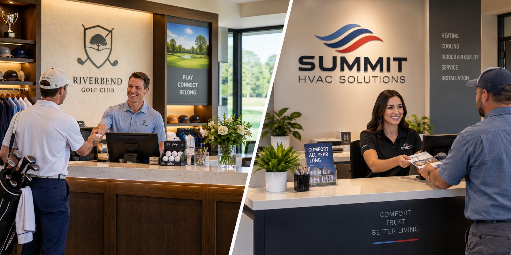 Split composition of a golf clubhouse counter and an HVAC company front desk, both greeting customers under the same warm lighting treatment
